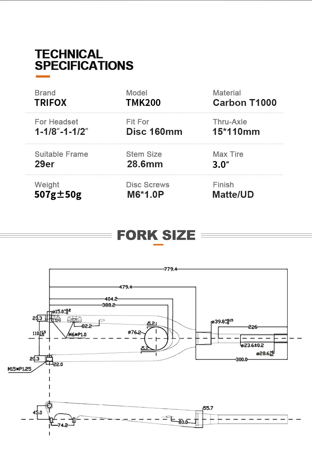 TRIFOX TMK200 29er Thru-Axle 15x110mm Carbon MTB Fork 1-1/8'-1-1/2' MTB Fork Carbon Fiber Fork MTB Accessories