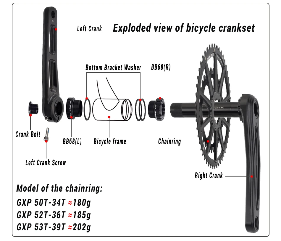 GOLDIX Ultralight Road Bike Crankset 50-34T/52-36T/53-39T Double Chainring 165/170/172.5/175mm Length Hollow Bicycle Crank