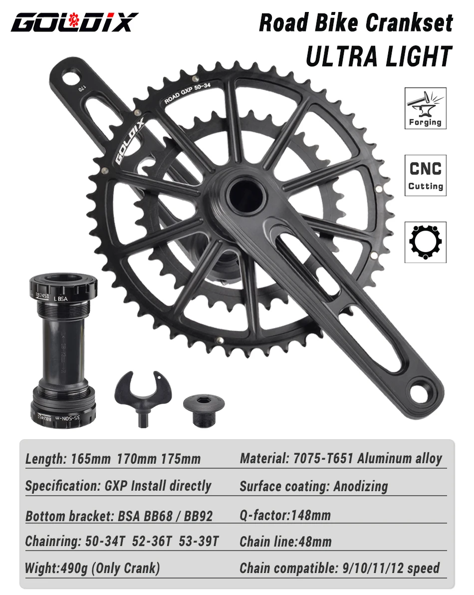 GOLDIX Ultralight Road Bike Crankset 50-34T/52-36T/53-39T Double Chainring 165/170/172.5/175mm Length Hollow Bicycle Crank