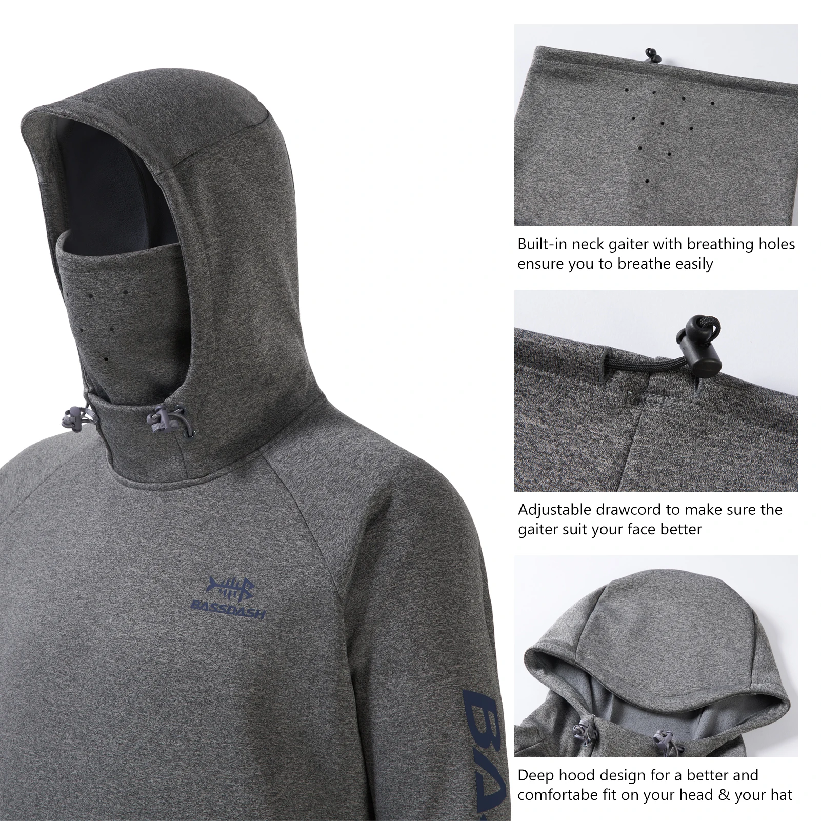 Bassdash Men’s Fishing Fleece Hoodie with Neck Gaiter Water Resistant Performance Hunting Sweatshirt FS18M
