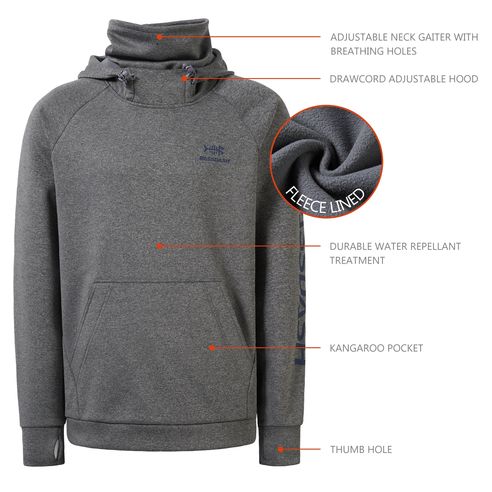 Bassdash Men’s Fishing Fleece Hoodie with Neck Gaiter Water Resistant Performance Hunting Sweatshirt FS18M