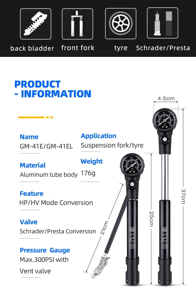 Giyo MTB Shock Pump 300psi Bike Suspension Air Pump with Pressure Gauge Schrader Presta Bike Tyre Inflator Bicycle Fork Pump