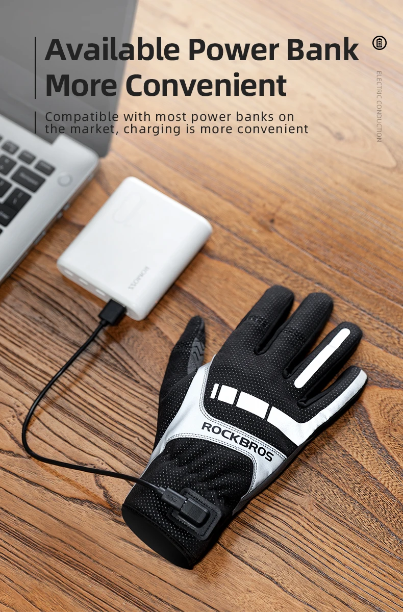 ROCKBROS Heated Winter Glove Cycling Gloves USB Electric Rechargeable Ski Gloves Touchscreen Motorcycle Riding Hiking Snow Glove