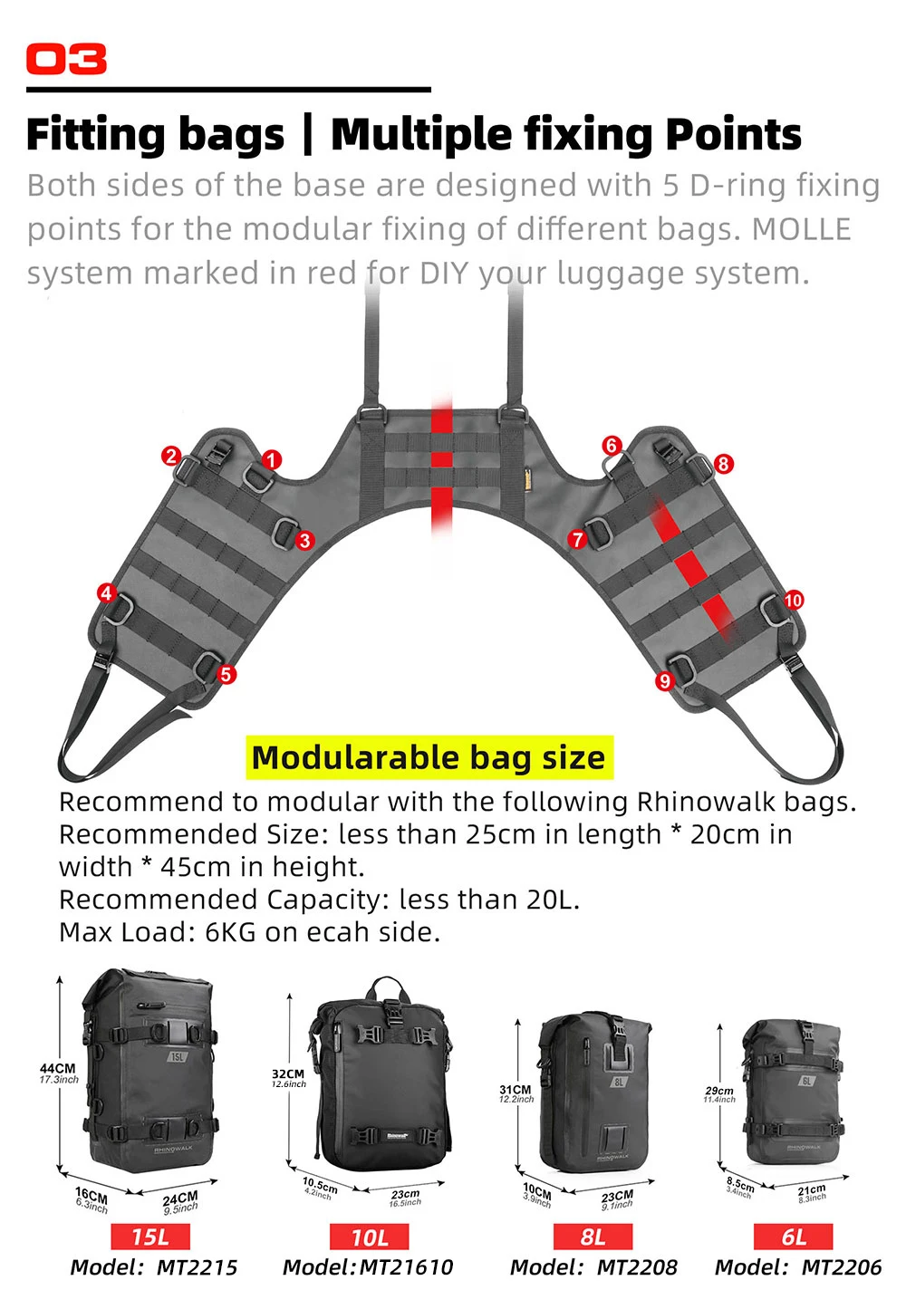 Rhinowalk Motorcycle Side Bag With Base Waterproof 6L/8L/10L/15L Motor Rear Seat Bag Rack Motocross Storage Backpack