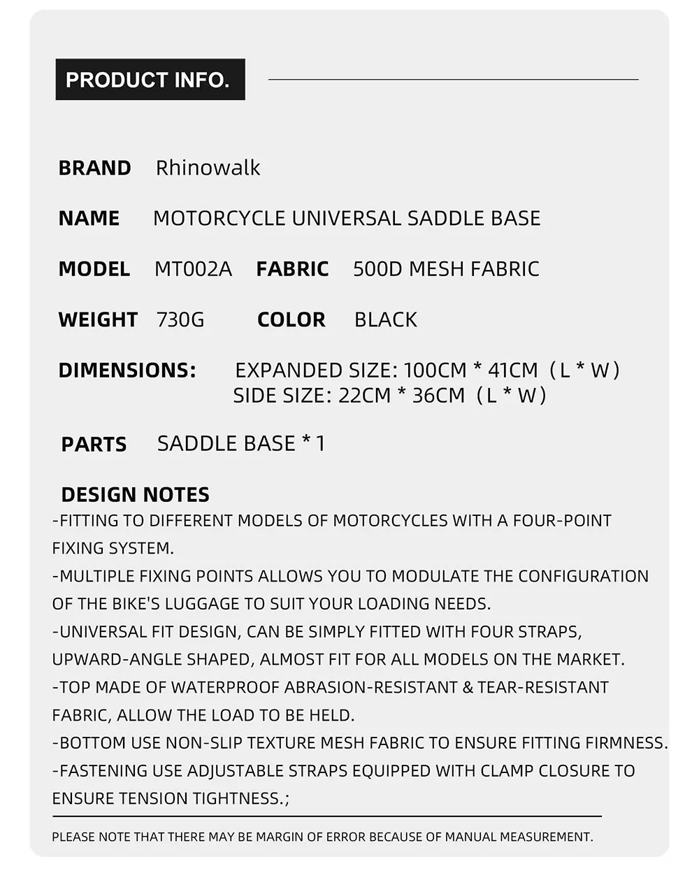 Rhinowalk Motorcycle Side Bag With Base Waterproof 6L/8L/10L/15L Motor Rear Seat Bag Rack Motocross Storage Backpack
