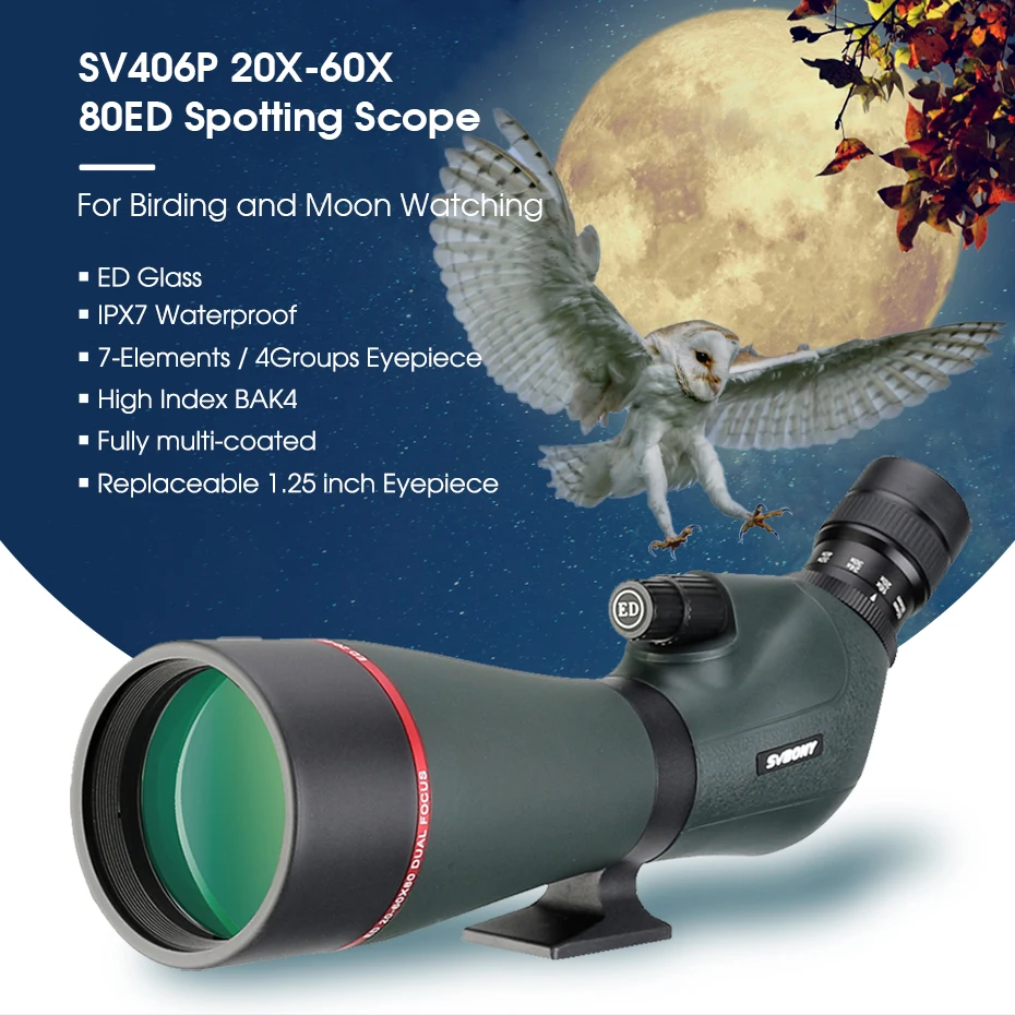 Svbony Telescope SV406/SV406P ED Spotting Scope 20-60x80/25-75X100/16-48X65 Dual Focus IPX7 Waterproof for BirdWatching Archery