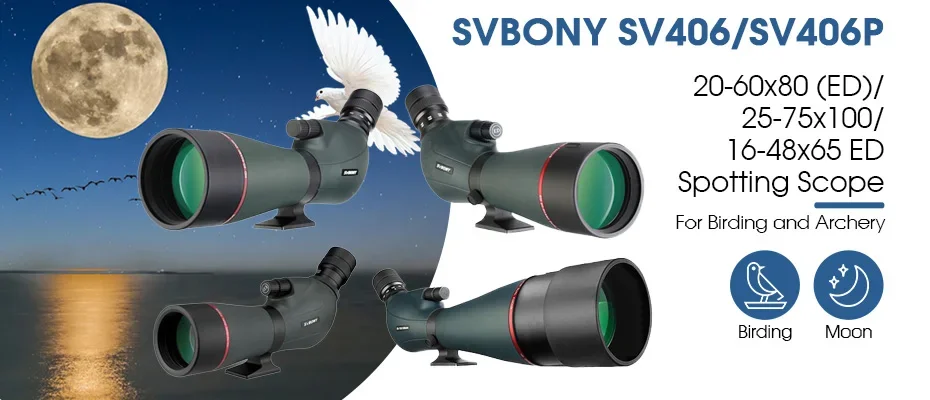 Svbony Telescope SV406/SV406P ED Spotting Scope 20-60x80/25-75X100/16-48X65 Dual Focus IPX7 Waterproof for BirdWatching Archery