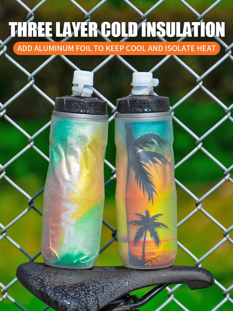 ESLNF 610ml Insulated Bike Water Bottle Squeeze Sports Bottle Dust Cover Silicone Push Pull Spout for MTB and Road Bicycle Cage