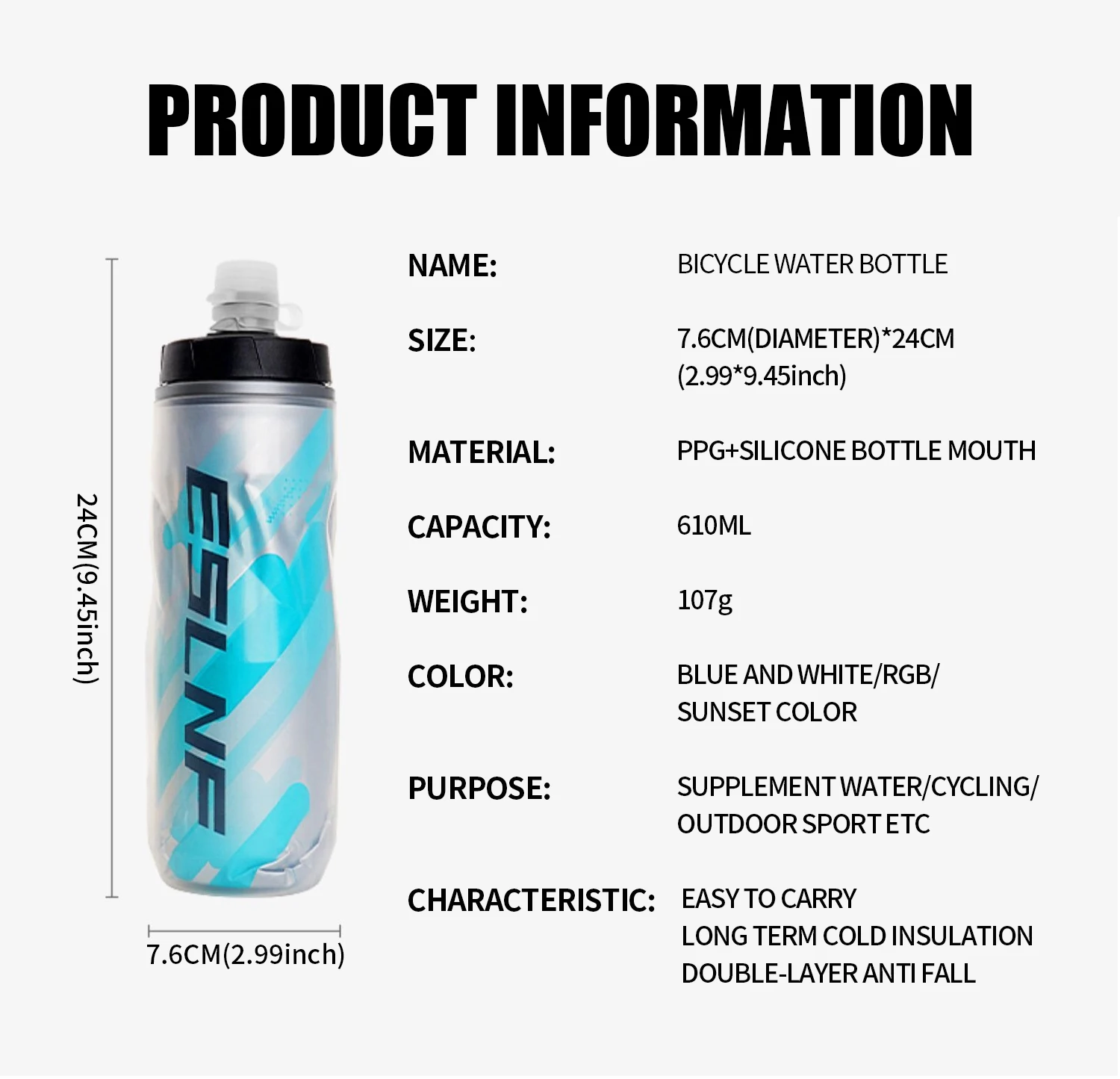 ESLNF 610ml Insulated Bike Water Bottle Squeeze Sports Bottle Dust Cover Silicone Push Pull Spout for MTB and Road Bicycle Cage
