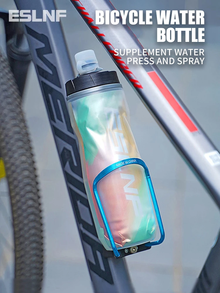 ESLNF 610ml Insulated Bike Water Bottle Squeeze Sports Bottle Dust Cover Silicone Push Pull Spout for MTB and Road Bicycle Cage