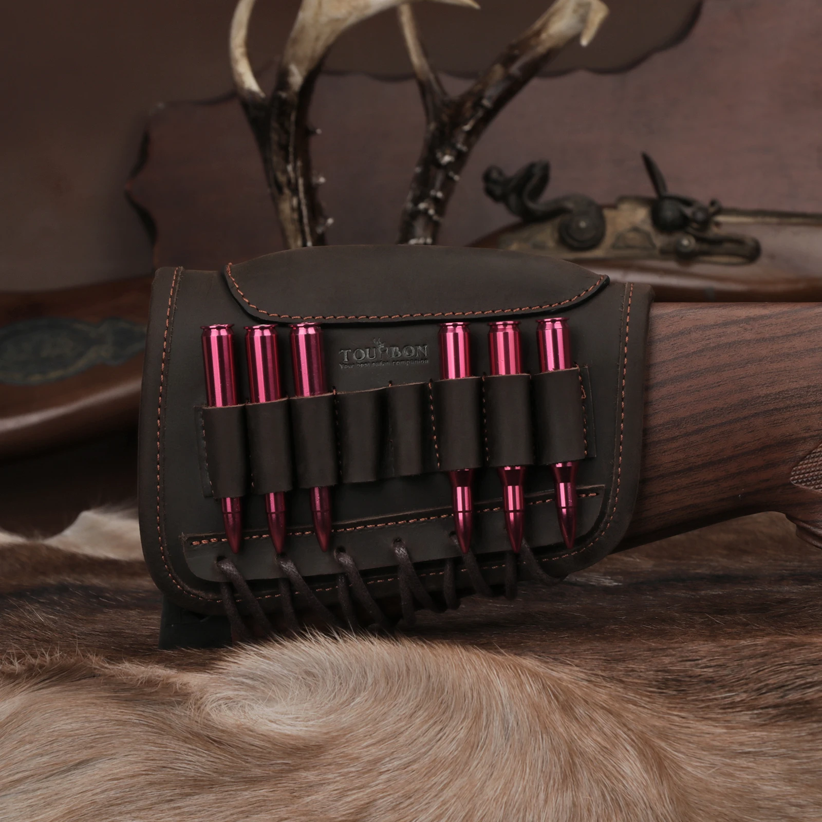 Tourbon Tactical Rifle Buttstock Cheek Rest Riser Genuine Leather Firearms Ammo Cartridges Holder Carrier Hunting Accessories