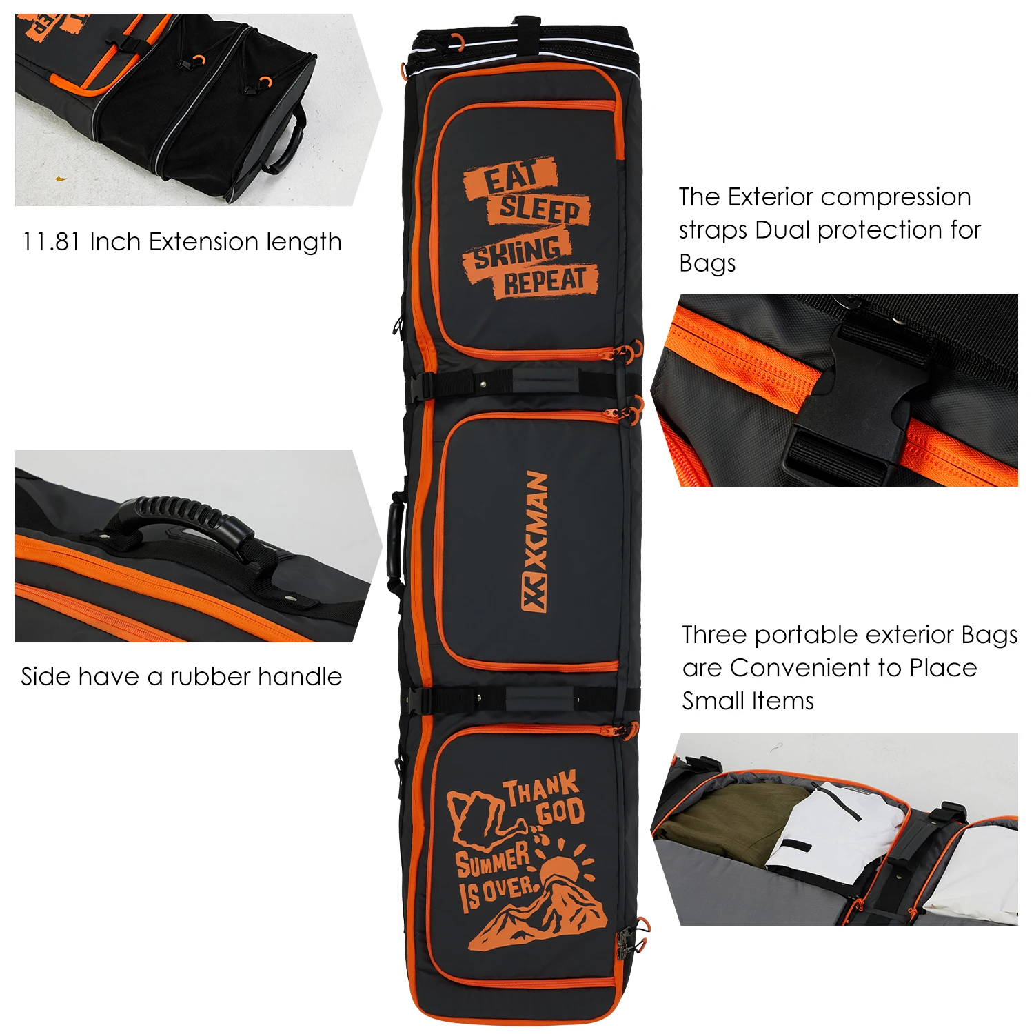 XCMAN Roller Snowboard Bag With Wheels 63-75Inch Adjustable Length Padded Bag for Air Travel Snowboard Boots