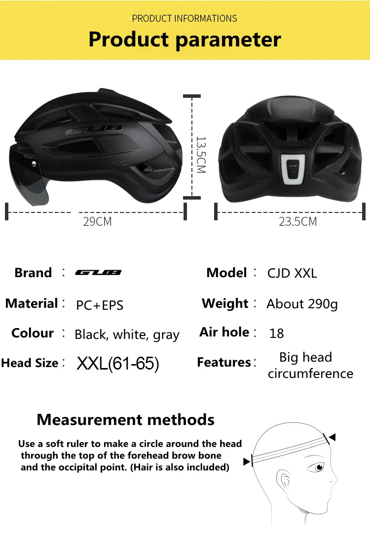 GUB Bicycle Helmet XXL 61-65 With Rechargeable LED Light Removable Len Cycling Road Ultralight Aero Safely Cap Capacete Ciclismo