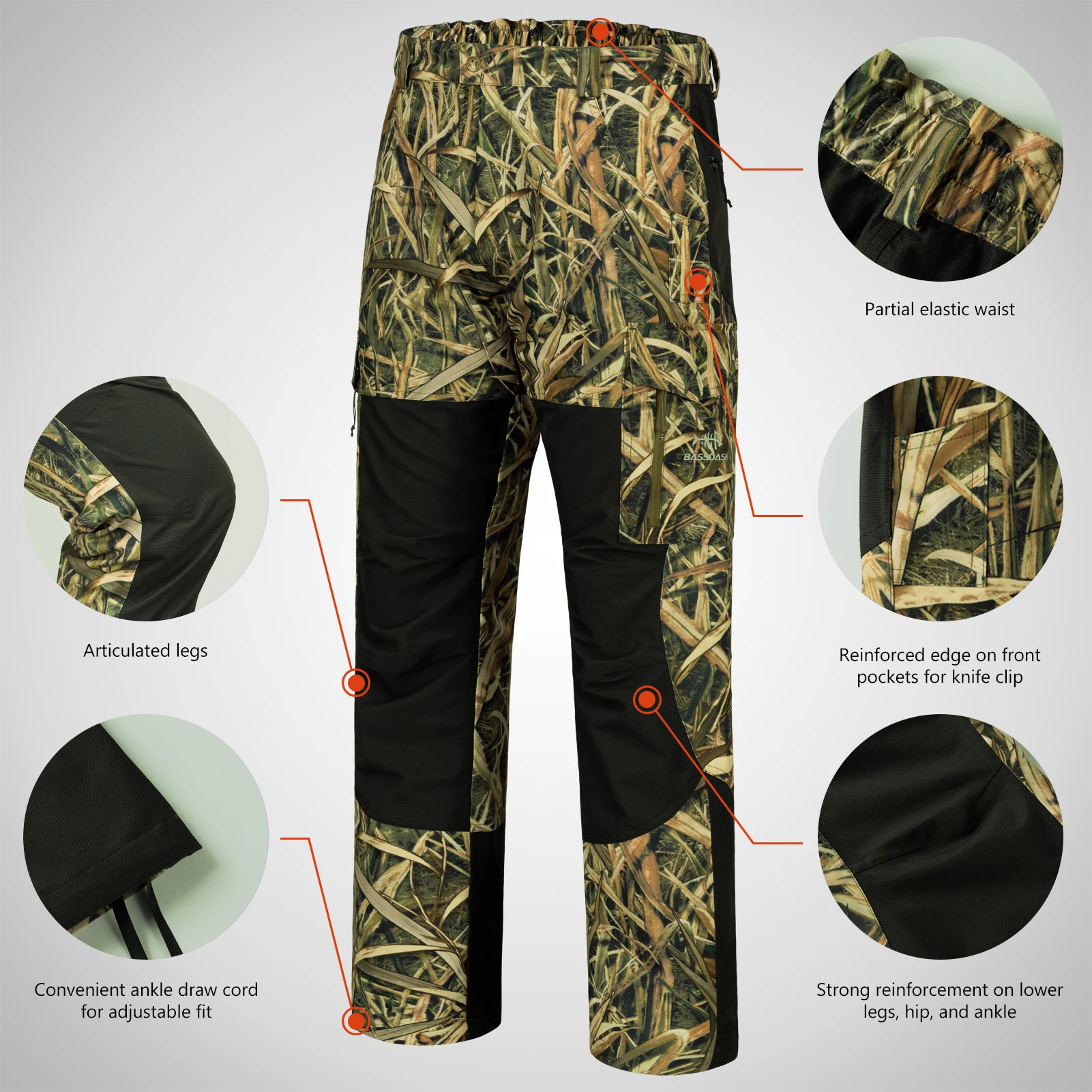 BASSDASH Spliced Men Hunting Pants Waterproof Reeds Printing Trousers Breathable Ripstop Camo Fishing Rain Pants