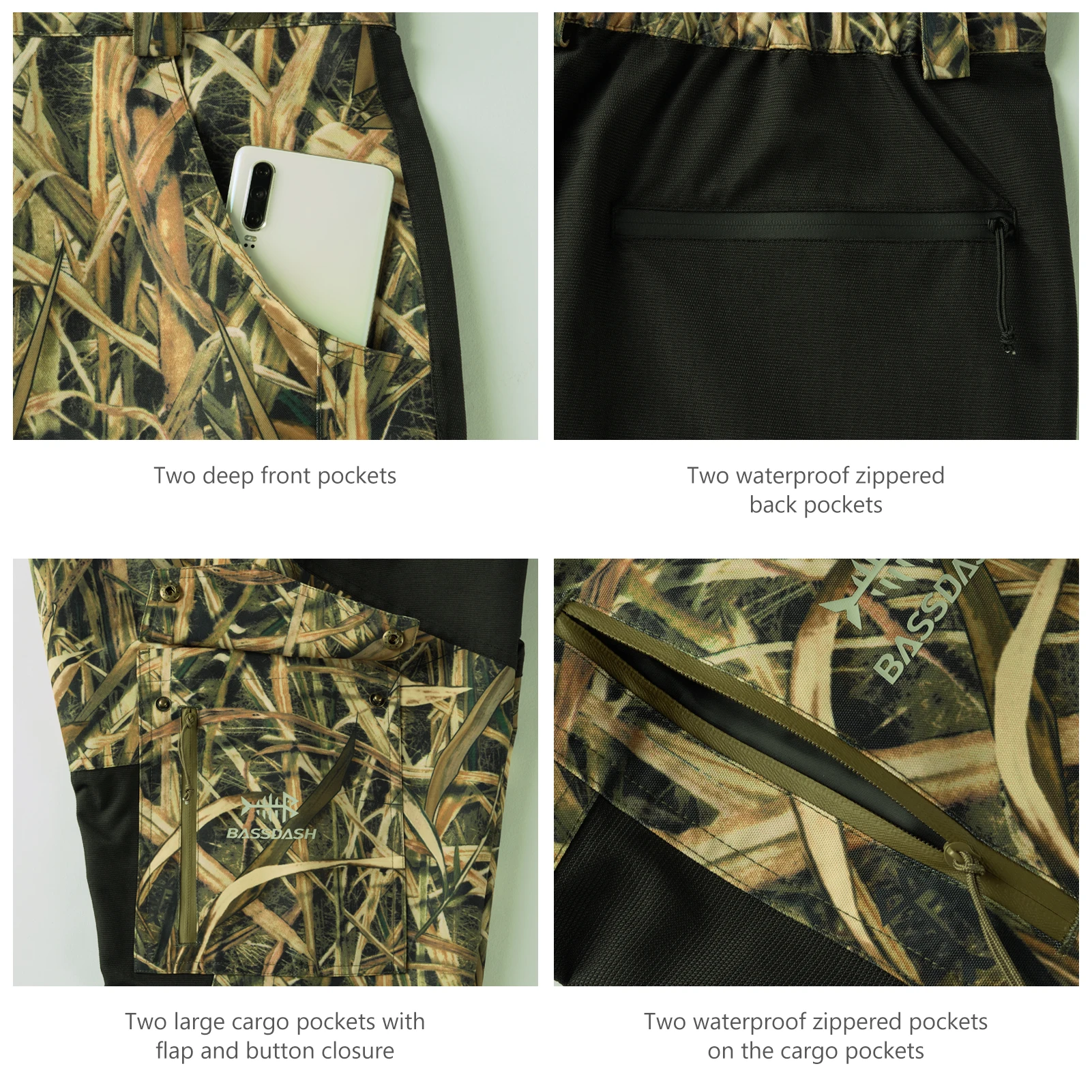 BASSDASH Spliced Men Hunting Pants Waterproof Reeds Printing Trousers Breathable Ripstop Camo Fishing Rain Pants