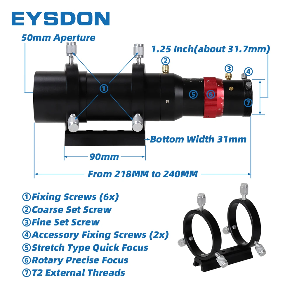 EYSDON 50mm Telescope Guide Scope 180mm Focal Length Fully Coated Finder Eyepiece with 1.25" Ports Duable Helical Focuser