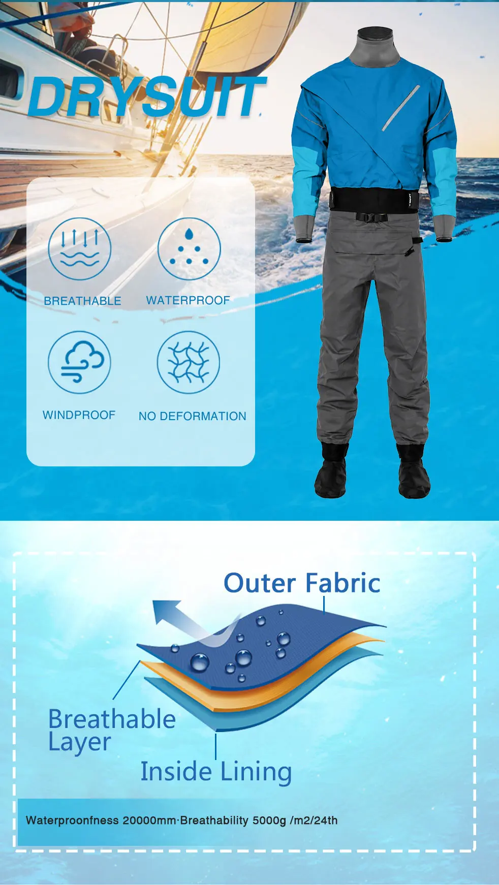 Men's Kayak Drysuit Surfing Kayaking Rafting Swiming Stand Up Paddle Dry Suit Waterproof Breathable Multiple Color