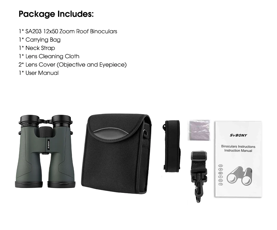 SVBONY Telescope SA203 12x50 Binoculars Professional Powerful BAK4 IPX7 Waterproof Camping Equipment for Birdwatching Stargazing