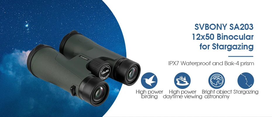 SVBONY Telescope SA203 12x50 Binoculars Professional Powerful BAK4 IPX7 Waterproof Camping Equipment for Birdwatching Stargazing