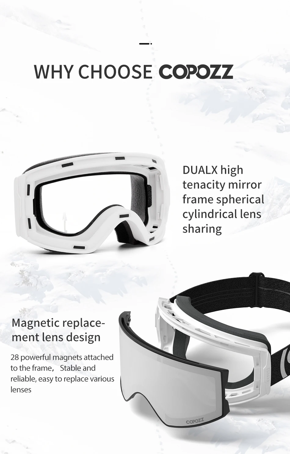 COPOZZ Magnetic Ski Goggles UV400 Protection Anti-Fog Ski Glasses Men Women Quick-Change Lens Snowboard Goggles with Two Options