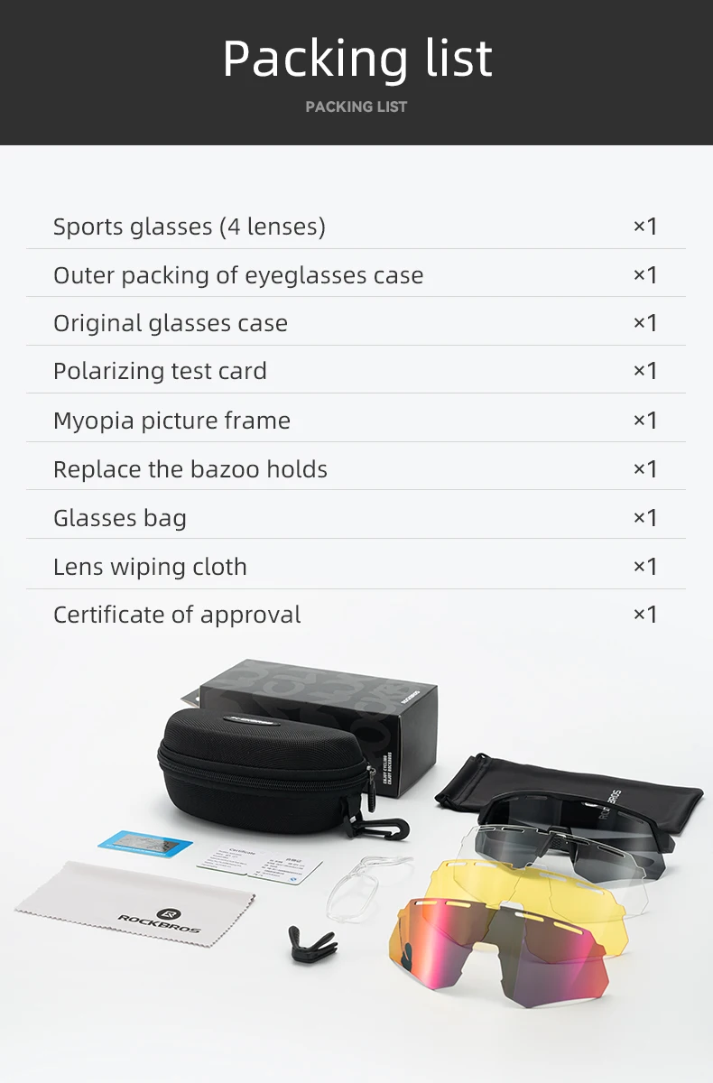 ROCKBROS Cycling Polarized Glasses 4Lens Interchangeable Myopia Frame Sunscreen UV400 Protection Sunglasses Men MTB Bike Glasses