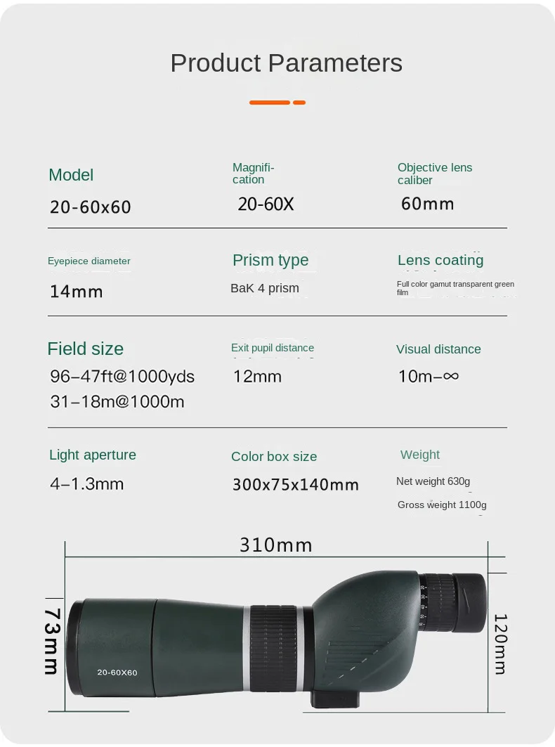 20-60X60 Powerful Monocular Zoom Telescope Bak4 Prism Waterproof Anti-Fog Camping Bird Watching Landscape potting Scope for Phon