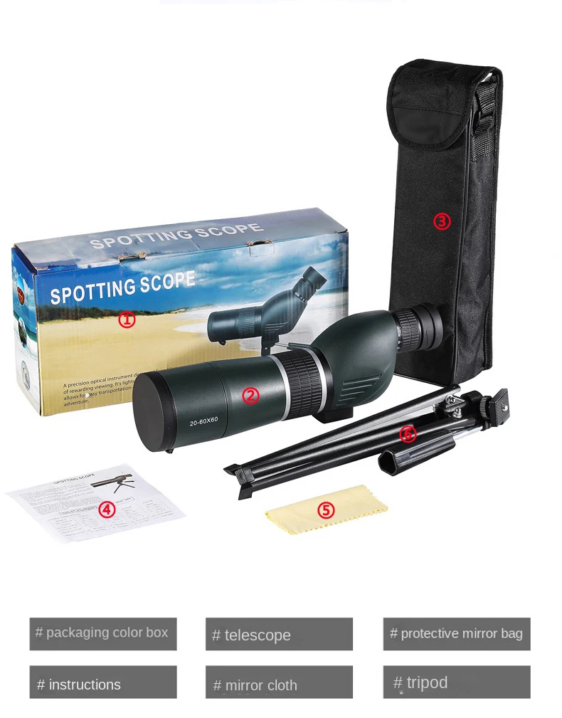 20-60X60 Powerful Monocular Zoom Telescope Bak4 Prism Waterproof Anti-Fog Camping Bird Watching Landscape potting Scope for Phon