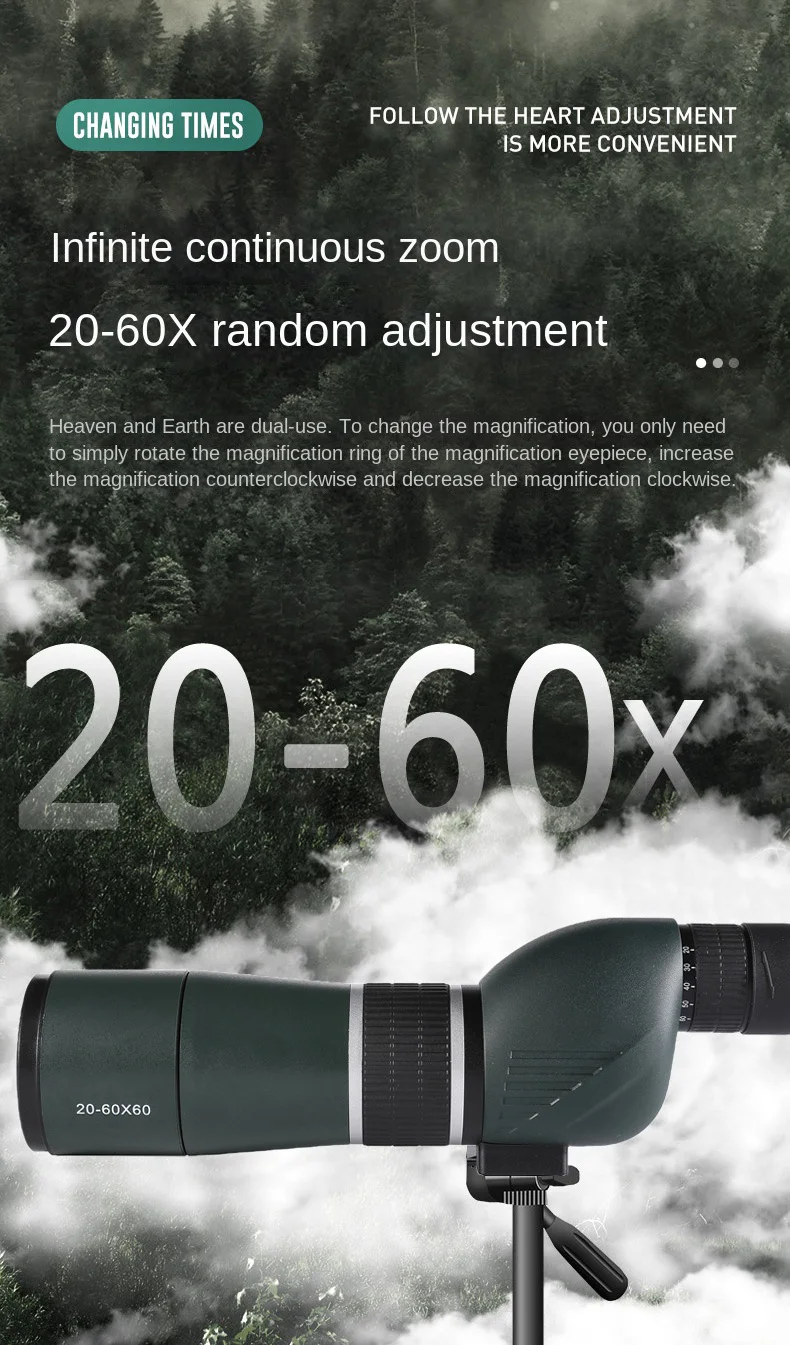 20-60X60 Powerful Monocular Zoom Telescope Bak4 Prism Waterproof Anti-Fog Camping Bird Watching Landscape potting Scope for Phon