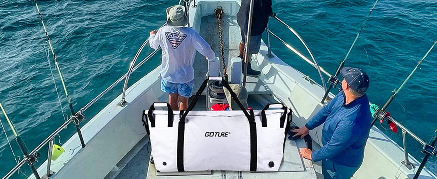 Goture Insulated Fishing Cooler Bag Expended Bottom Waterproof Marine Freezer Bag Portable Fish Transport Bag for Boat Fishing