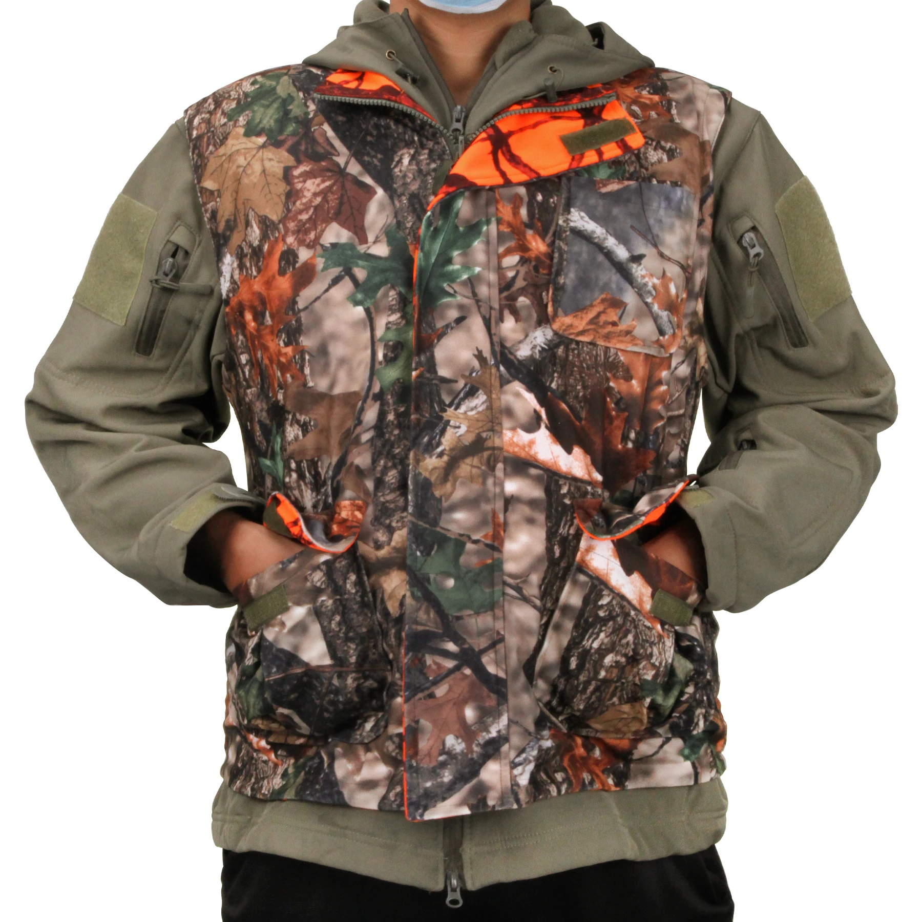 GUGULUZA Orange Camo Hunting Vest Fleece Game Waistcoat Two Side Vest Sleeveless Safety Vest Outdoor Hiking Fishing Hunting
