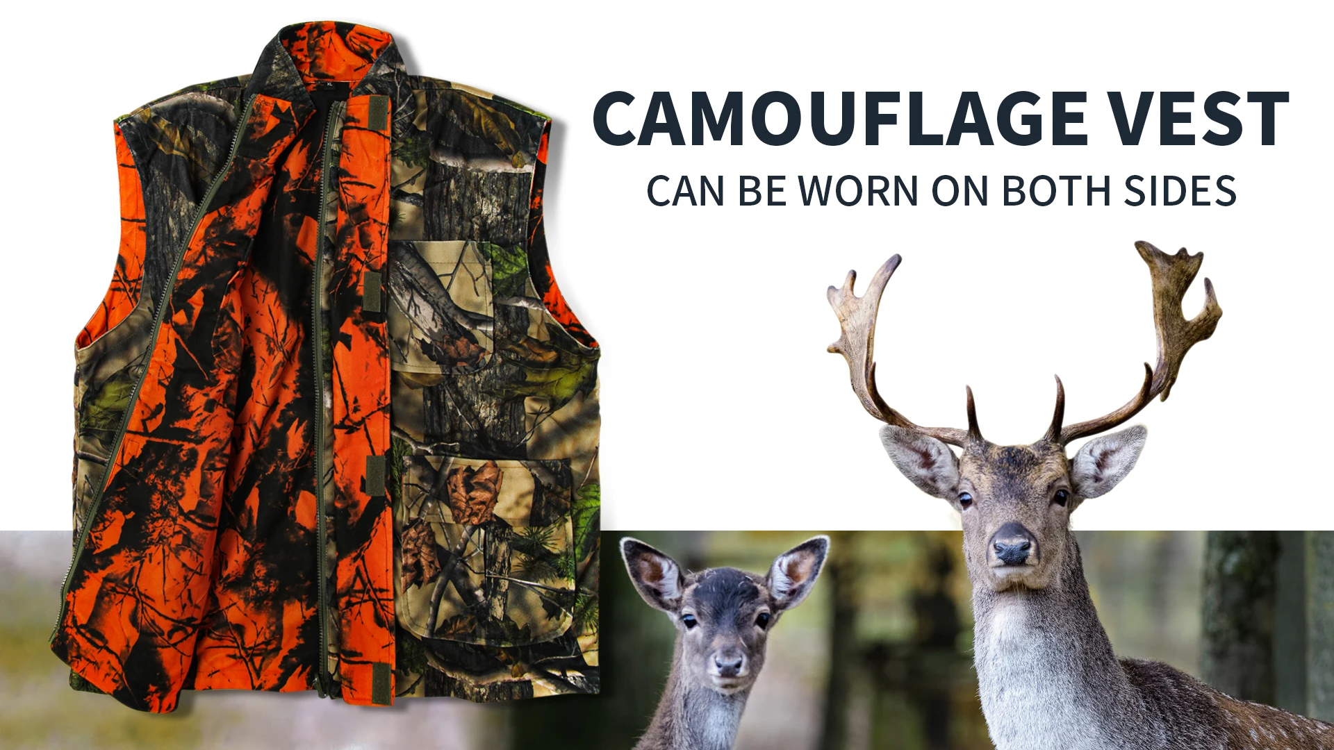 GUGULUZA Orange Camo Hunting Vest Fleece Game Waistcoat Two Side Vest Sleeveless Safety Vest Outdoor Hiking Fishing Hunting