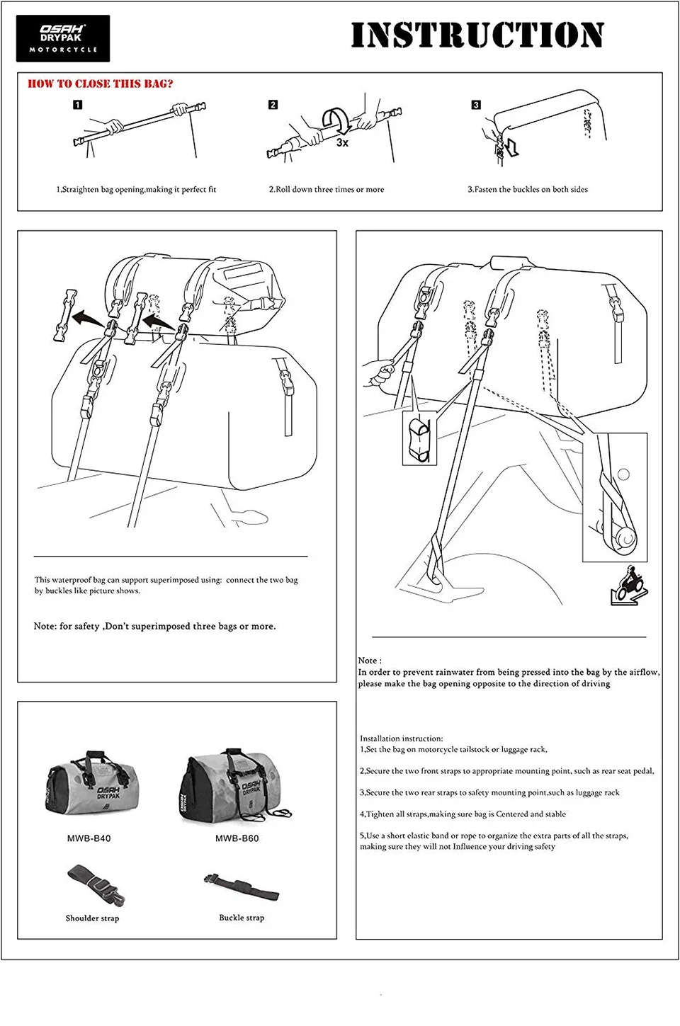 Waterproof Motorcycle Rear Tail Bag Travel Dry Bag OSAH DRYPAK Moto 40/60Liter Motorbike Luggage Backpack Motorcycle Seat Bag