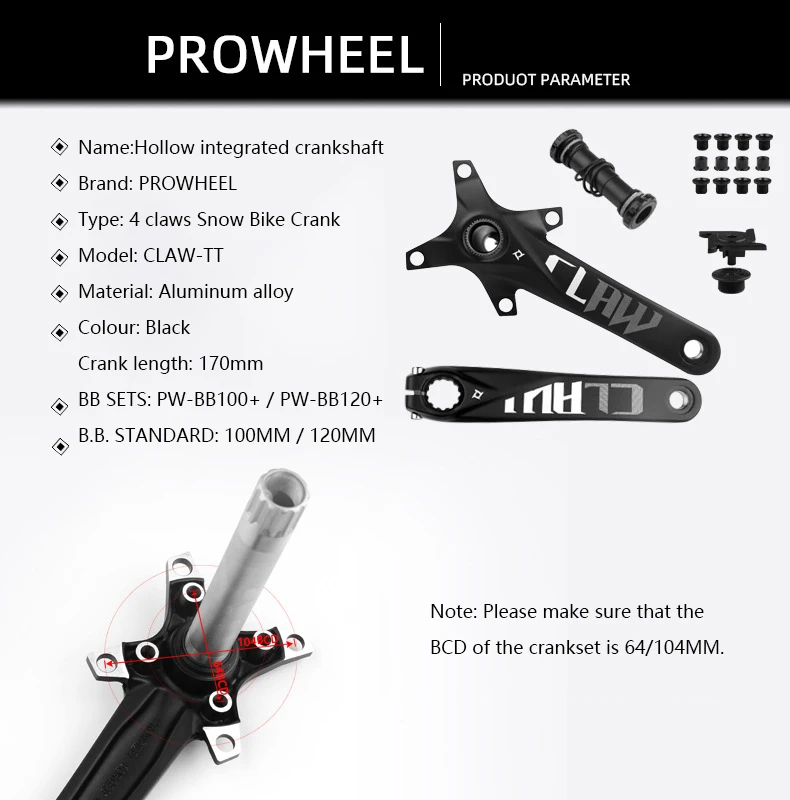 PROWHEEL Snow Bike 192mm Axis Crank 170mm Crank 32T/34T/36T/38T/40T/42T Chainrings with Bottom Bracket BB 120mm Fat Bike Crankse
