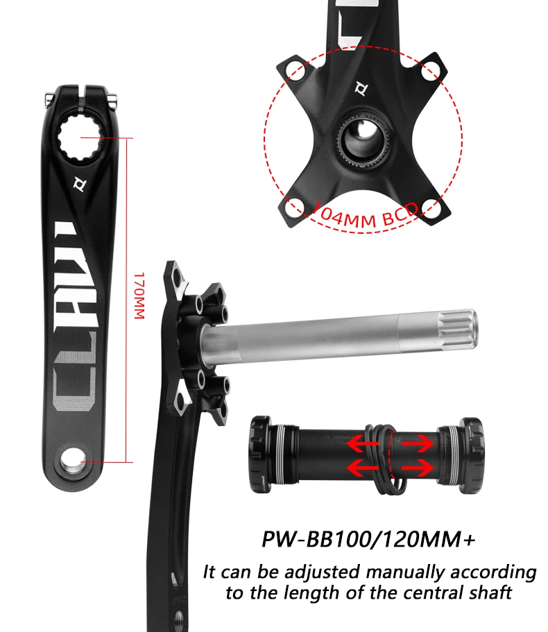 PROWHEEL Snow Bike 192mm Axis Crank 170mm Crank 32T/34T/36T/38T/40T/42T Chainrings with Bottom Bracket BB 120mm Fat Bike Crankse