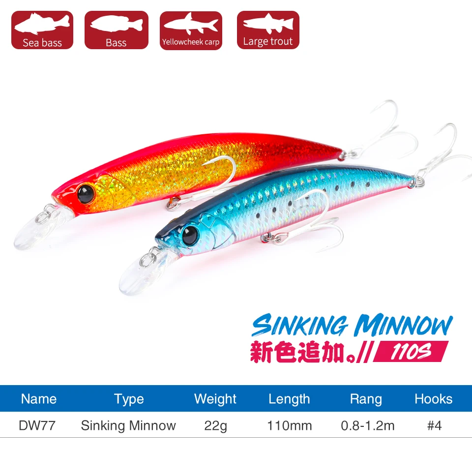 TSURINOYA 4pcs NEW COLOR Sinking Minnow 110S DW77 110mm 22g Long Casting Fishing Lure Large Trout Seabass Sea Fishing Hard Bait