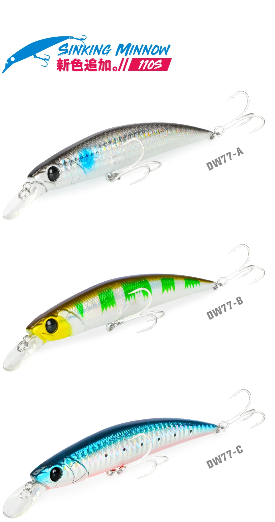 TSURINOYA 4pcs NEW COLOR Sinking Minnow 110S DW77 110mm 22g Long Casting Fishing Lure Large Trout Seabass Sea Fishing Hard Bait