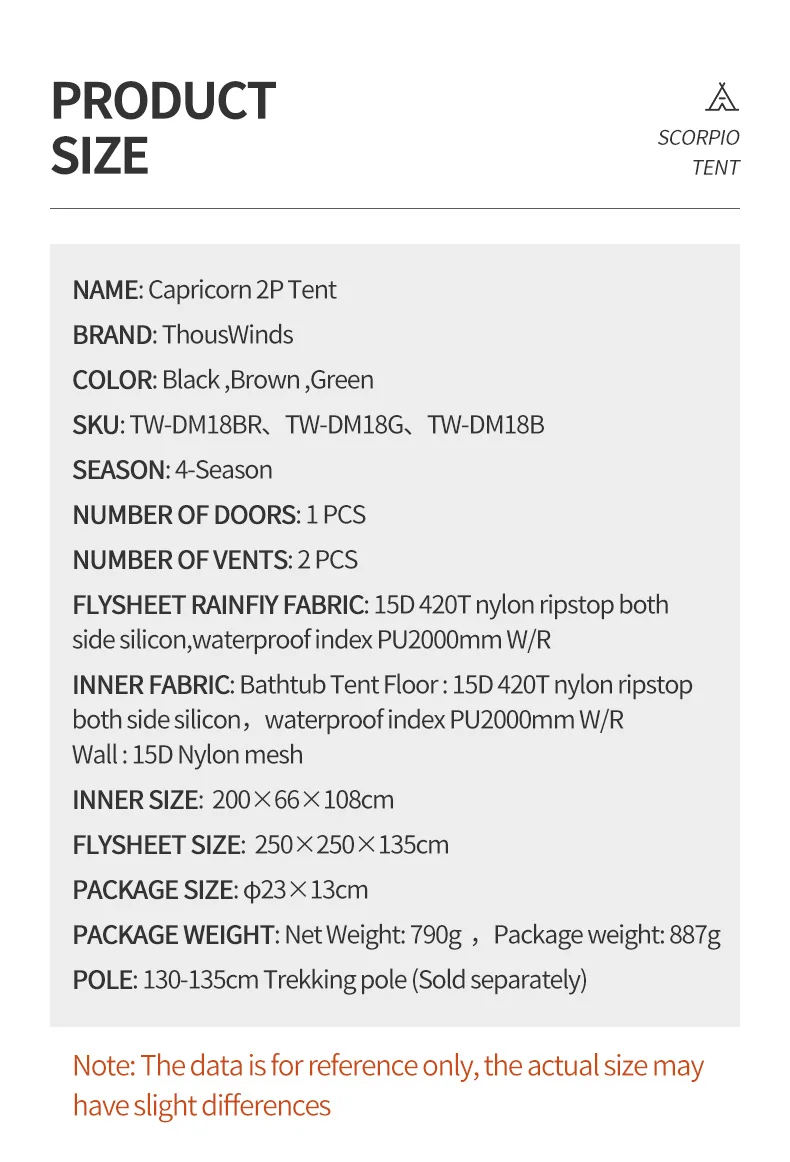 Thous Winds Capricorns 2 Person Tent, Ultralight Hiking Backpack Tent, Camping Pyramid Tent, Outdoor 15D Ripstop Nylon Camp Tent