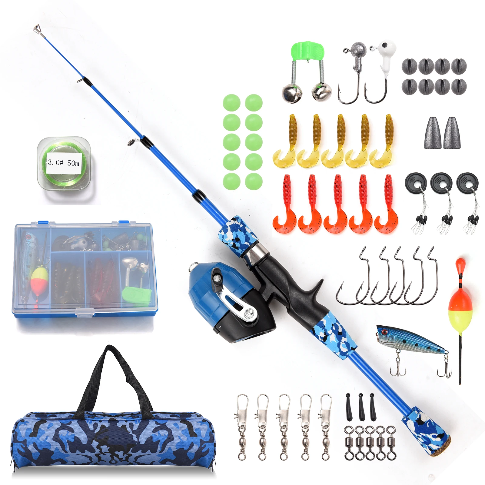 Fishing Rod and Reel Combo Full Kit 1.2m/1.5m Telescopic Casting Rod Pole with Spincast Reel and Hooks Lures Swivels bag