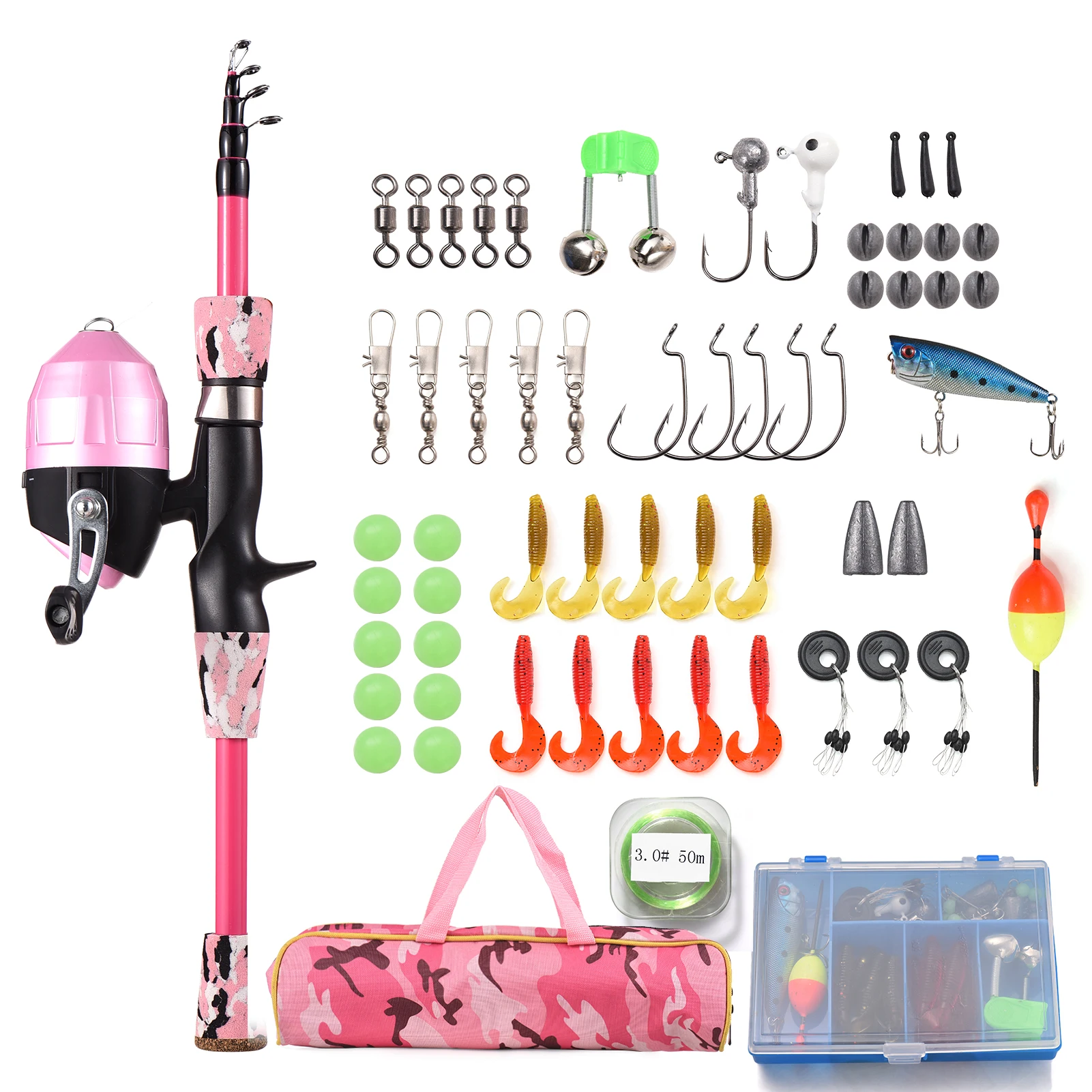 Fishing Rod and Reel Combo Full Kit 1.2m/1.5m Telescopic Casting Rod Pole with Spincast Reel and Hooks Lures Swivels bag