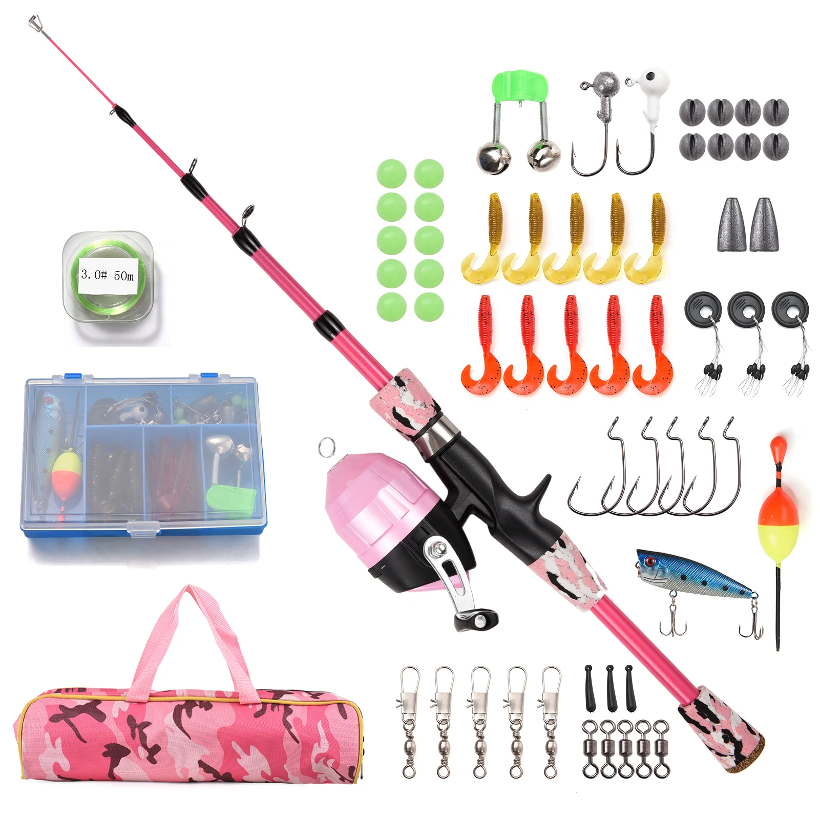 Fishing Rod and Reel Combo Full Kit 1.2m/1.5m Telescopic Casting Rod Pole with Spincast Reel and Hooks Lures Swivels bag