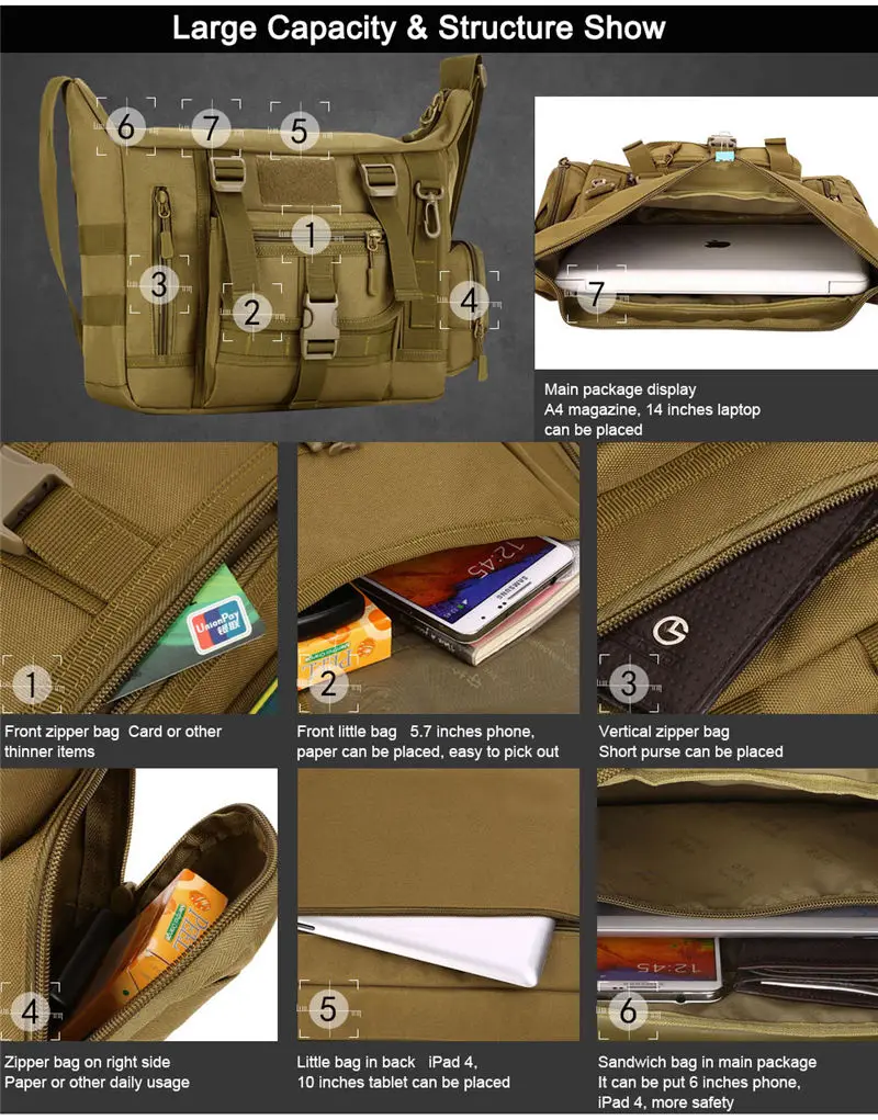 14 Inch Laptop Shoulder Bag Men Sports Bags Man Military Tactical Single Backpack Men's A4 Document Molle Messenger Shoulder Bag