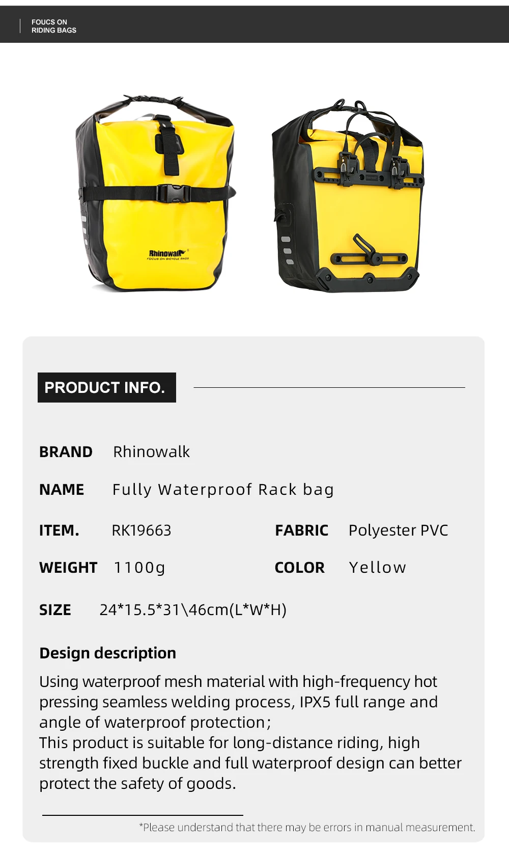 Rhinowalk 2Pcs Double Side Bike Bag 100%Waterproof Bicycle Pannier Saddle Bag 12L-15L Portable Road Bike Back Seat Bag Luggage