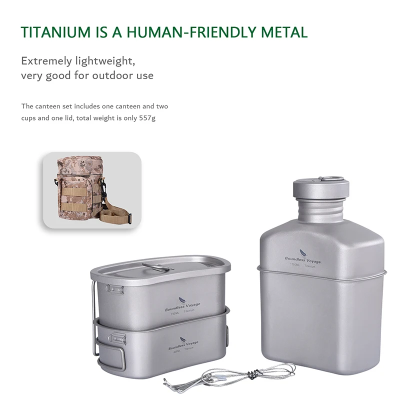 Boundless Voyage Outdoor Military Canteen Bottle Camping Hiking Water Cups Titanium Cookware 1100ml Bottle 750ml Pot 400ml Bowl