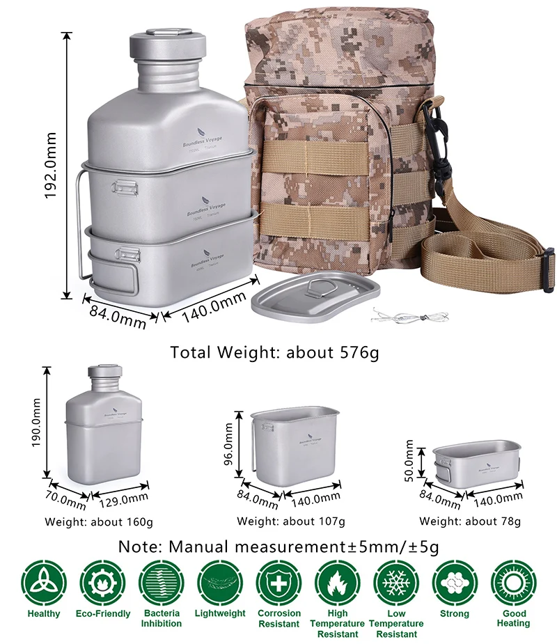 Boundless Voyage Outdoor Military Canteen Bottle Camping Hiking Water Cups Titanium Cookware 1100ml Bottle 750ml Pot 400ml Bowl