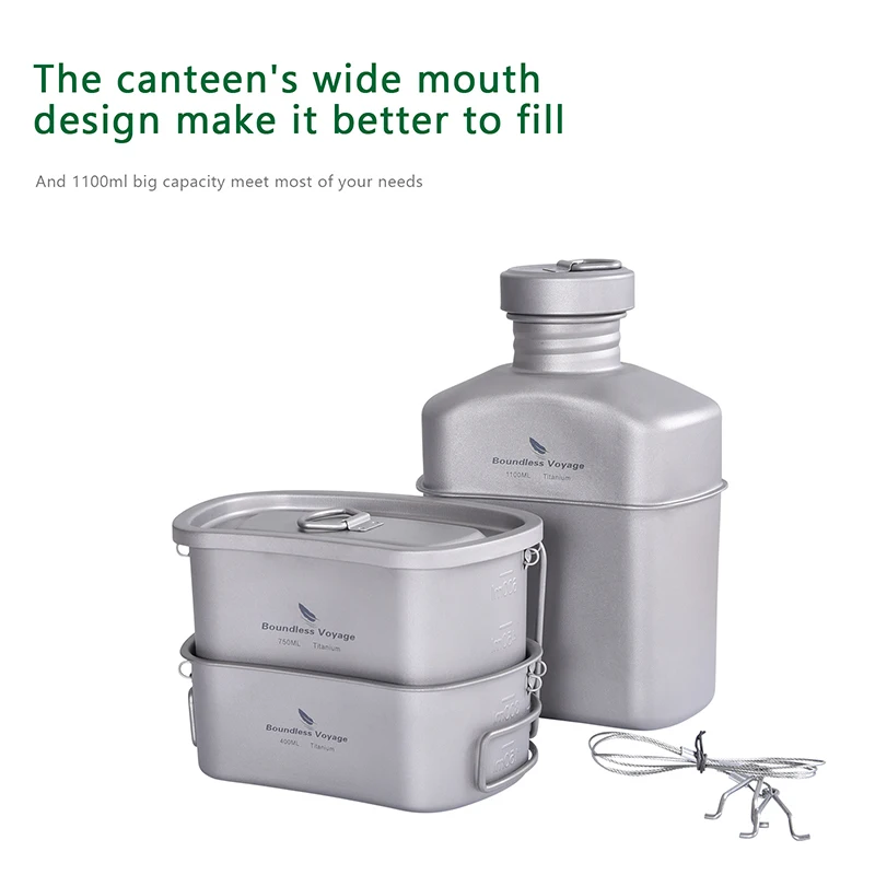 Boundless Voyage Outdoor Military Canteen Bottle Camping Hiking Water Cups Titanium Cookware 1100ml Bottle 750ml Pot 400ml Bowl