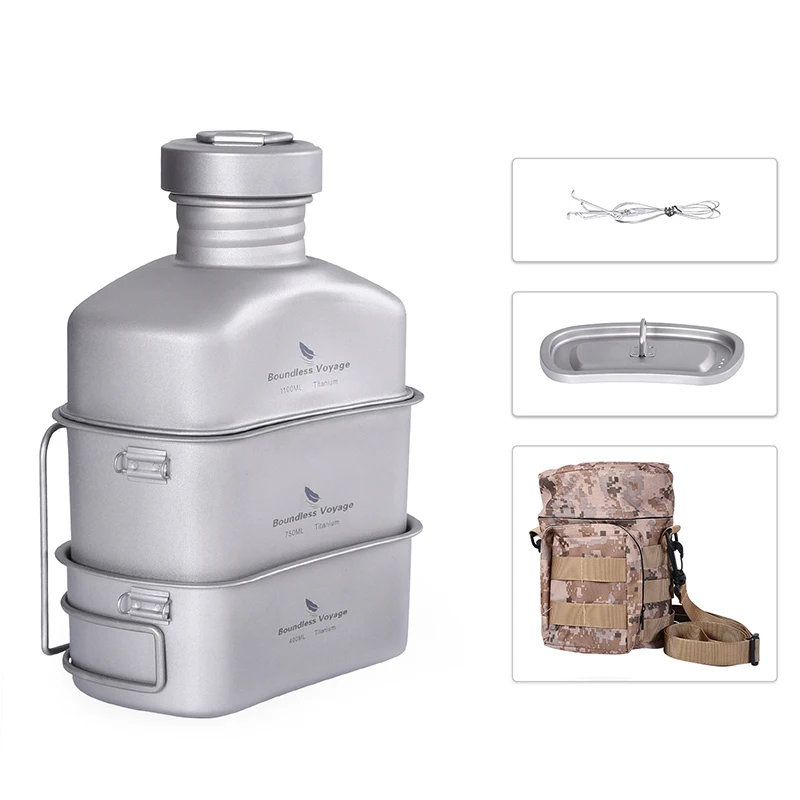Boundless Voyage Outdoor Military Canteen Bottle Camping Hiking Water Cups Titanium Cookware 1100ml Bottle 750ml Pot 400ml Bowl