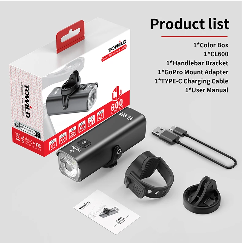 TOWILD CL600 Bike Light Front Lamp 600 Lumens USB Rechargeable LED 2600mAh Bicycle Lights IPX6 Waterproof MTB Bicycle Headlights