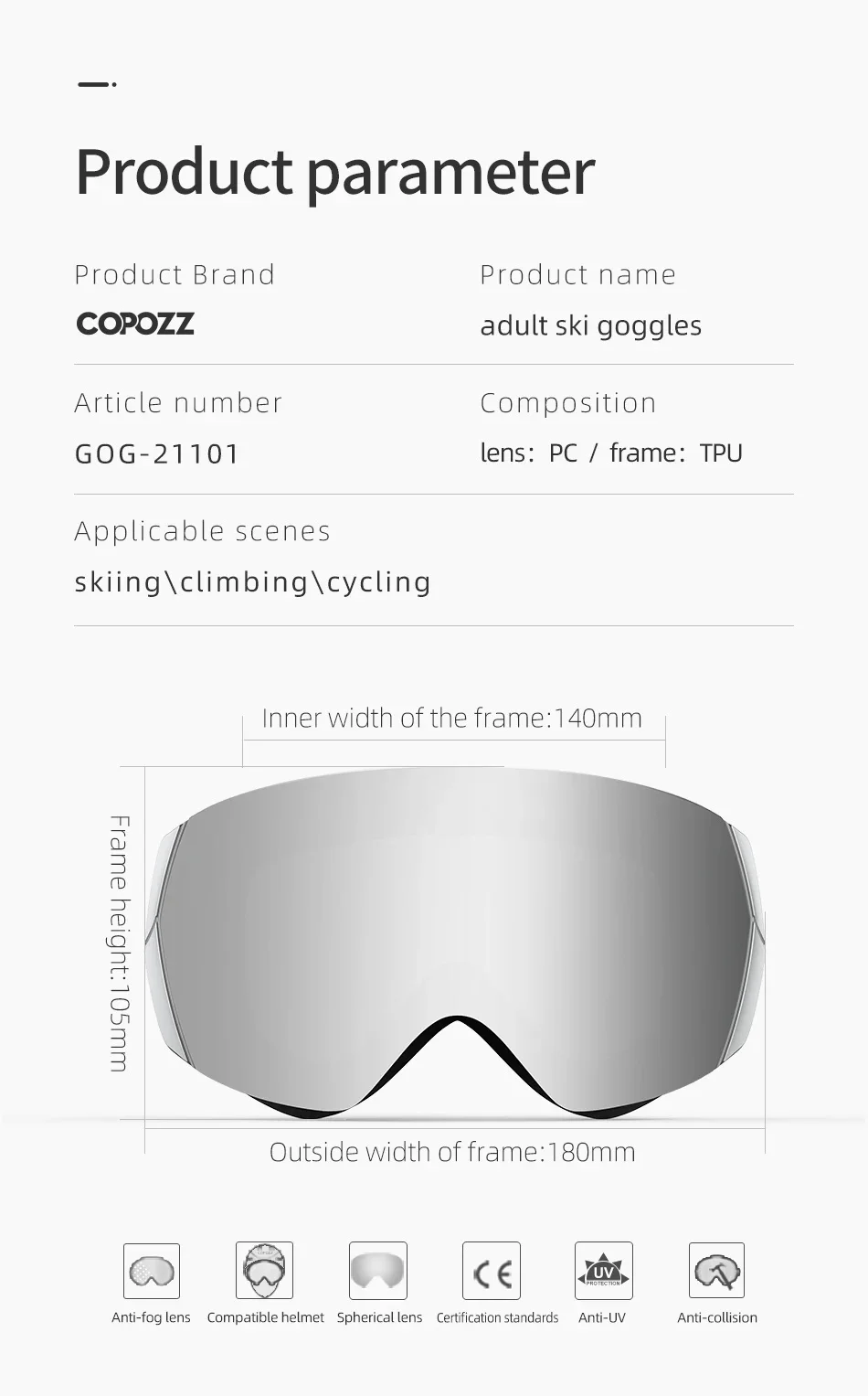 COPOZZ Ski Goggles Men Women UV400 Anti-fog Ski Eyewear Snow Glasses Adult Snowboard Goggle with Night Yellow Lens and Case Set