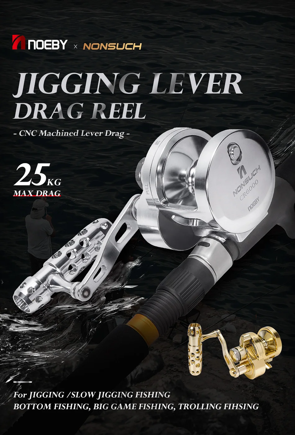 NOEBY Slow Jigging Reel CNC Metal Body High Speed Gear Ratio Max Drag 25kg Boat Saltwater Fishing Reel