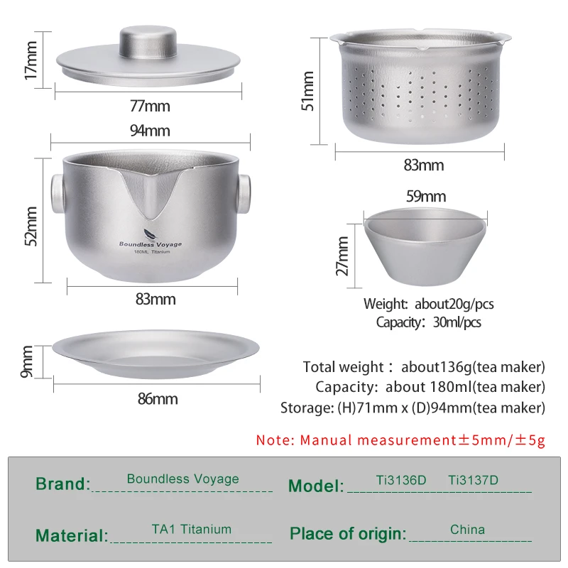 Boundless Voyage Titanium Gaiwan Teapot Cups Double-Layer Tea Maker with Lid & Filter Ultralight Kungfu Tea Set Stackable Mugs